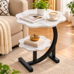 2-Tier White Marble-Look Flower-Shaped Side Table with Black Metal Frame