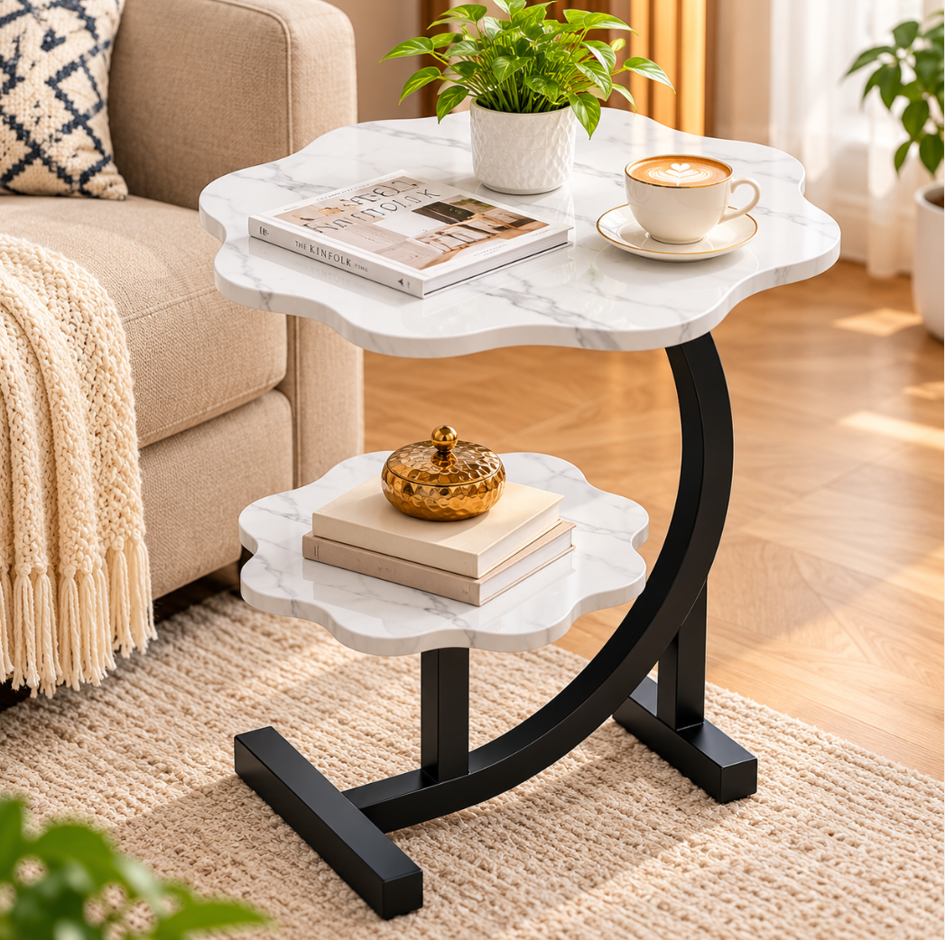 2-Tier White Marble-Look Flower-Shaped Side Table with Black Metal Frame