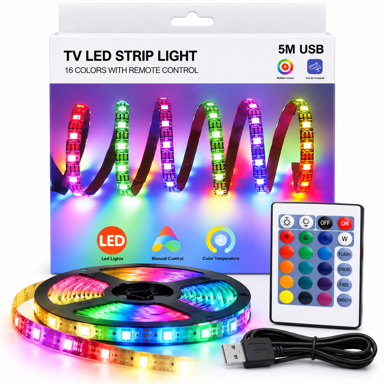 5M USB RGB TV LED Strip Light with Remote Control – 16 Colours