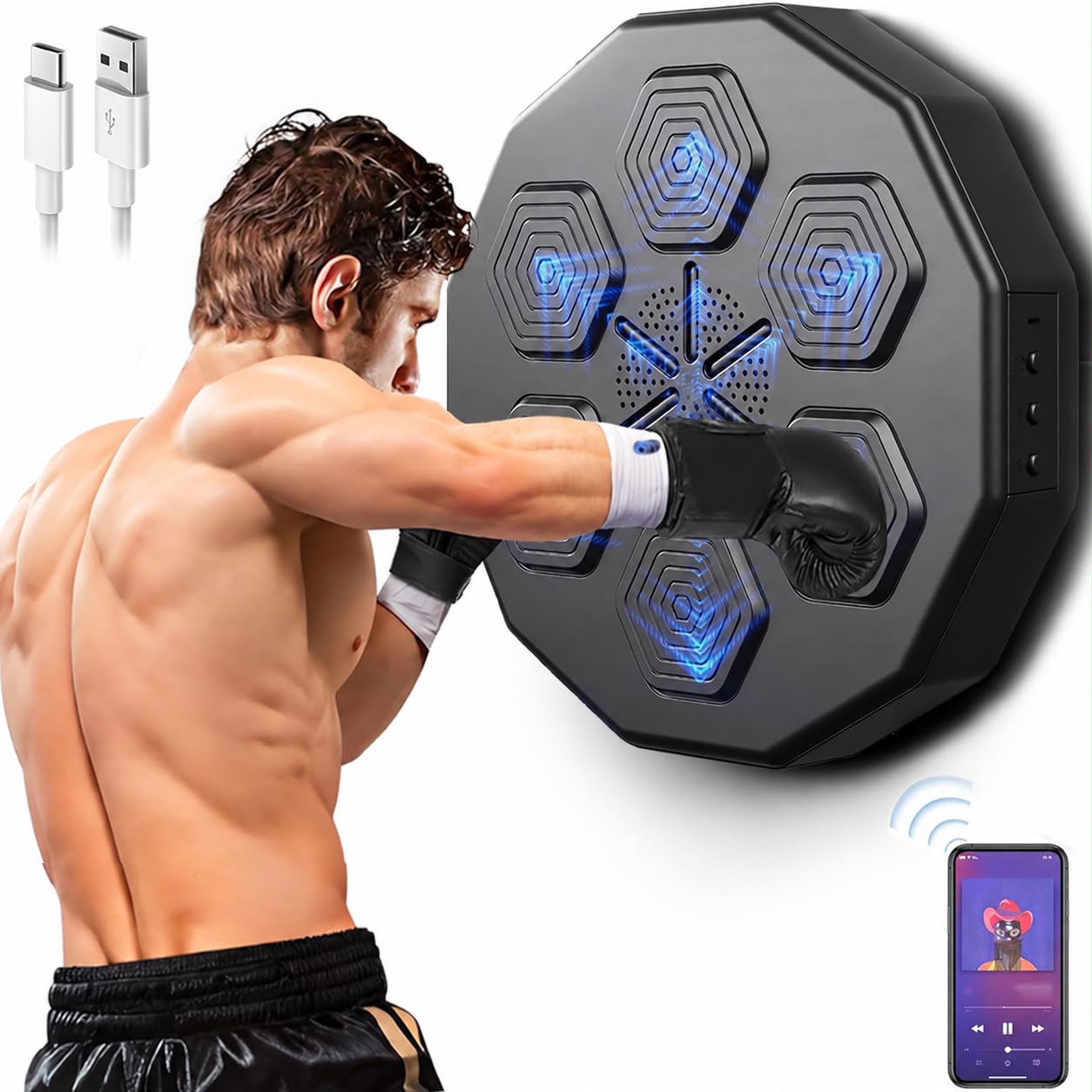 Music Boxing Machine, Electronic Intelligent Wall-Mounted Boxing Target with Gloves