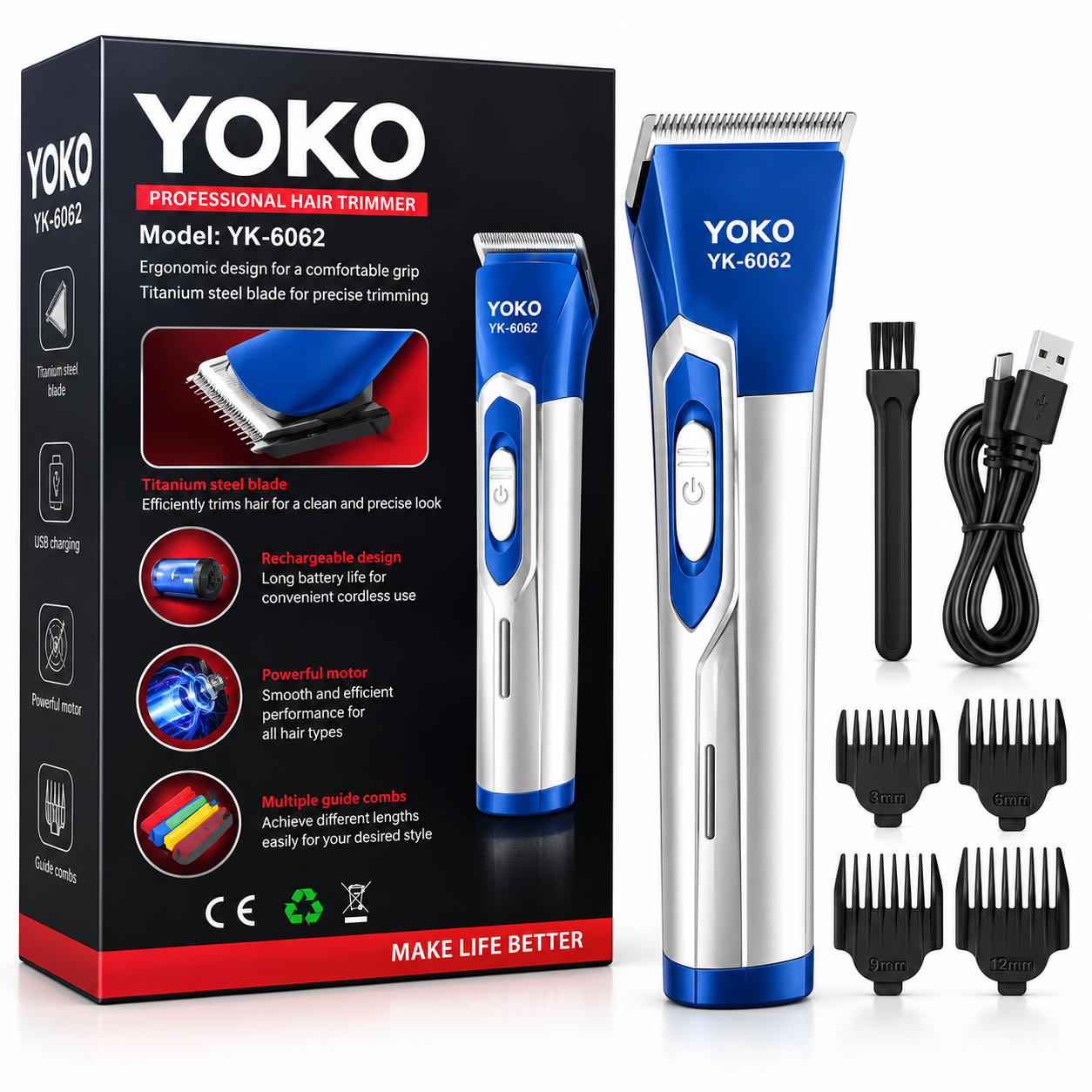 YOKO YK-6062 Professional Hair Trimmer – Rechargeable Cordless Hair & Beard Trimmer with Guide Combs