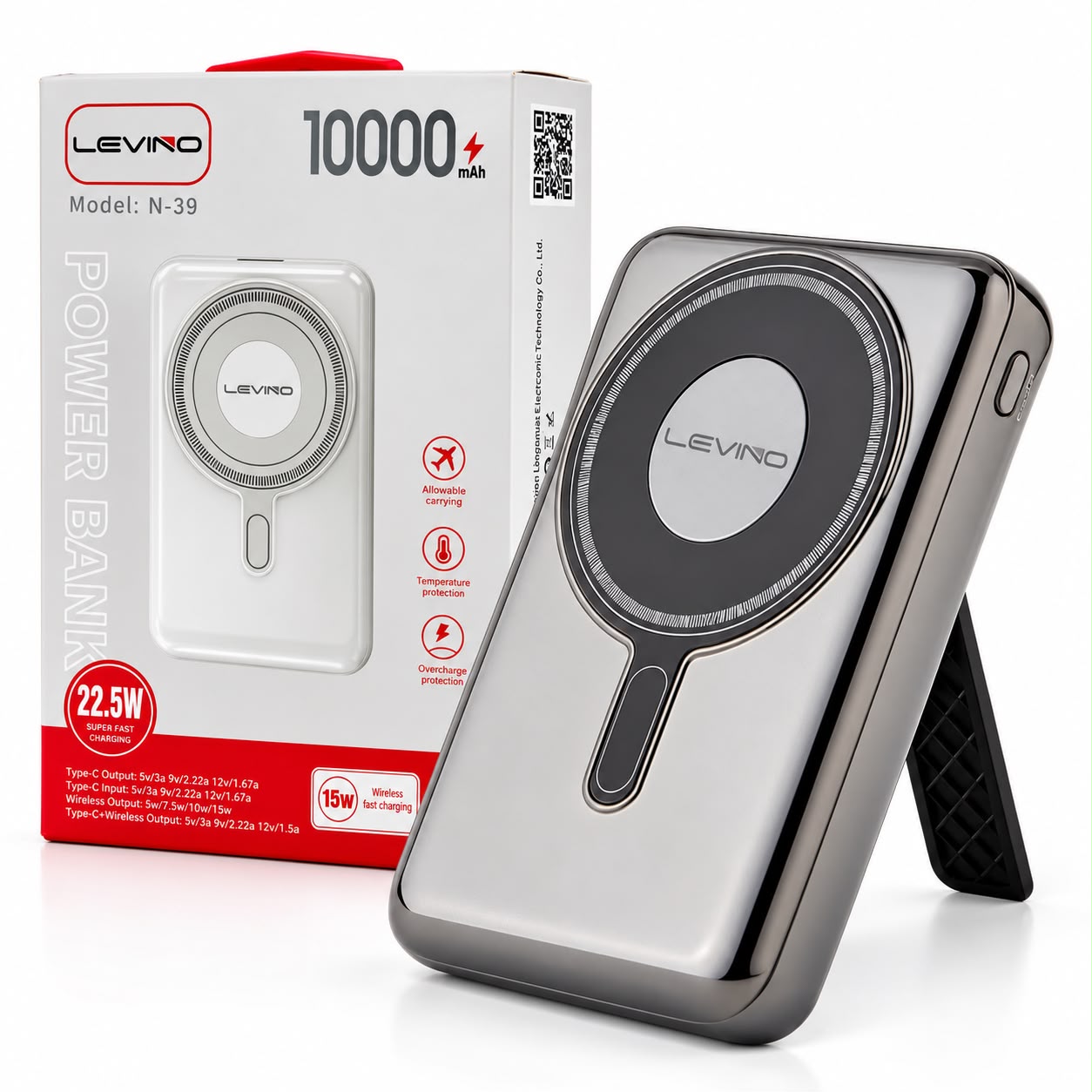 LEVINO N-39 Magnetic Wireless Power Bank – 10000mAh, 22.5W Fast Charging