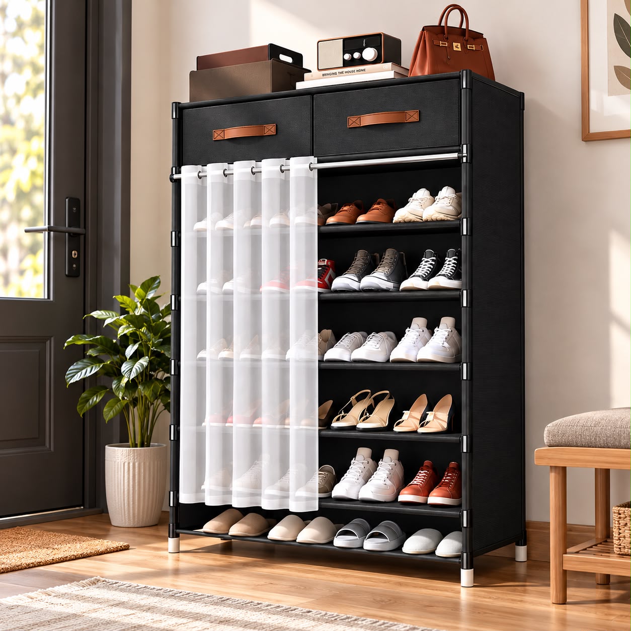 Multi-Tier Fabric Shoe Rack with Drawers and Curtain